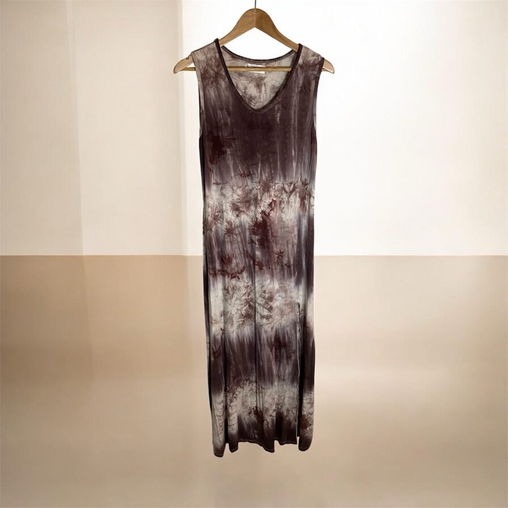 Kathmandu Tie-Dye Sleeveless Maxi Dress in Brown and Cream Medium slit coastal